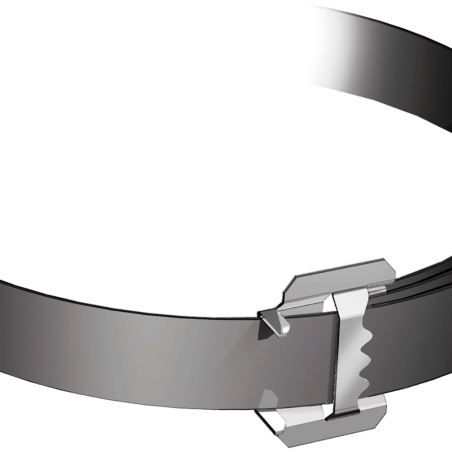 Hebilla Flejinox HFX instalada en fleje de acero inoxidable para fijación segura