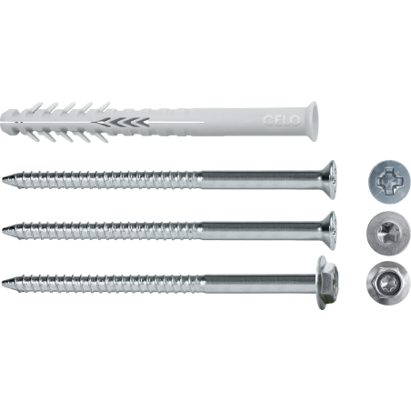 Taco largo para mampostería HBR SSP con tornillos y diferentes tipos de cabezas para fijación