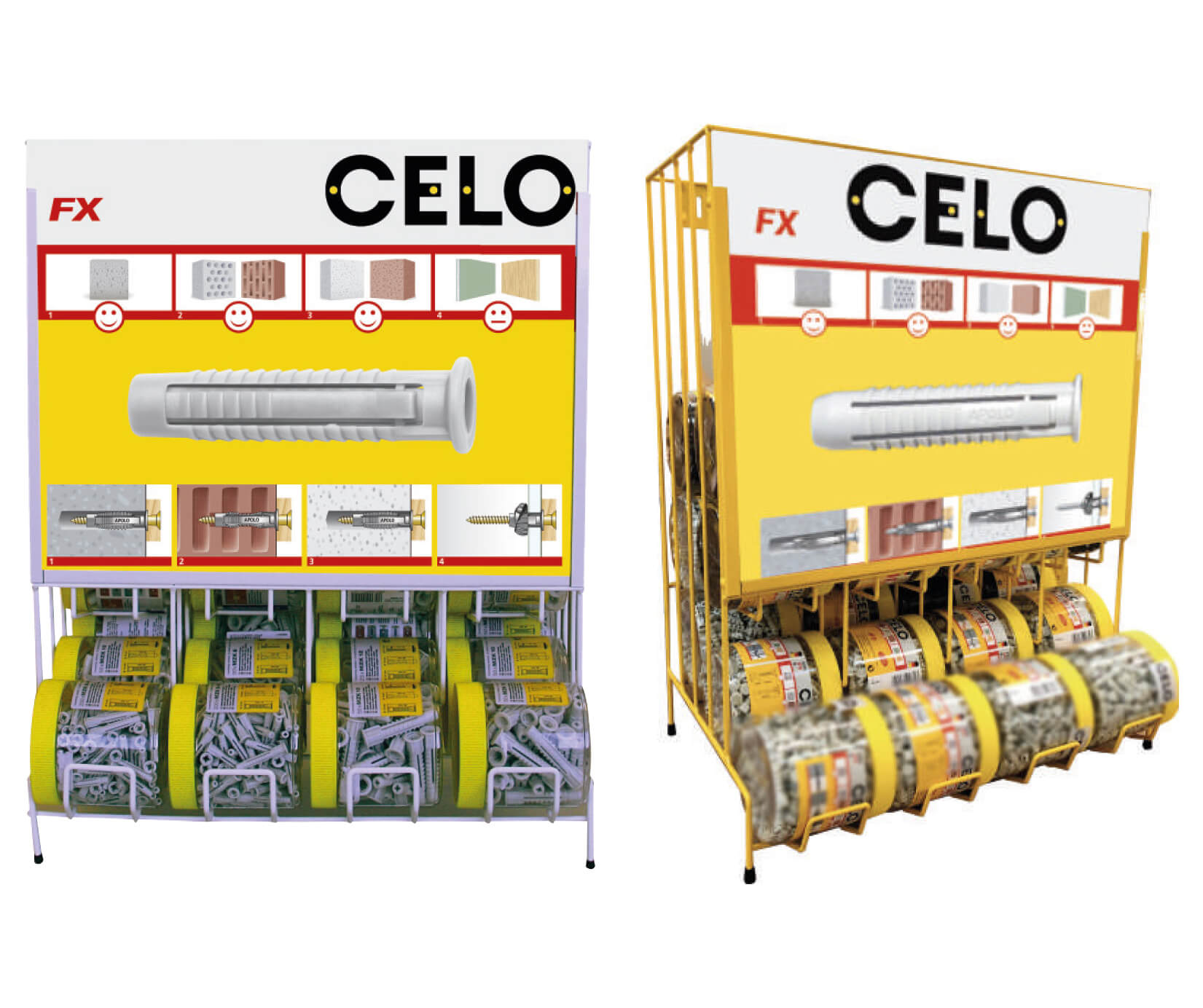 EXPO FX/MZK: Expositor para distribución de CELO con productos de fijación y sujeción en envases tipo bote