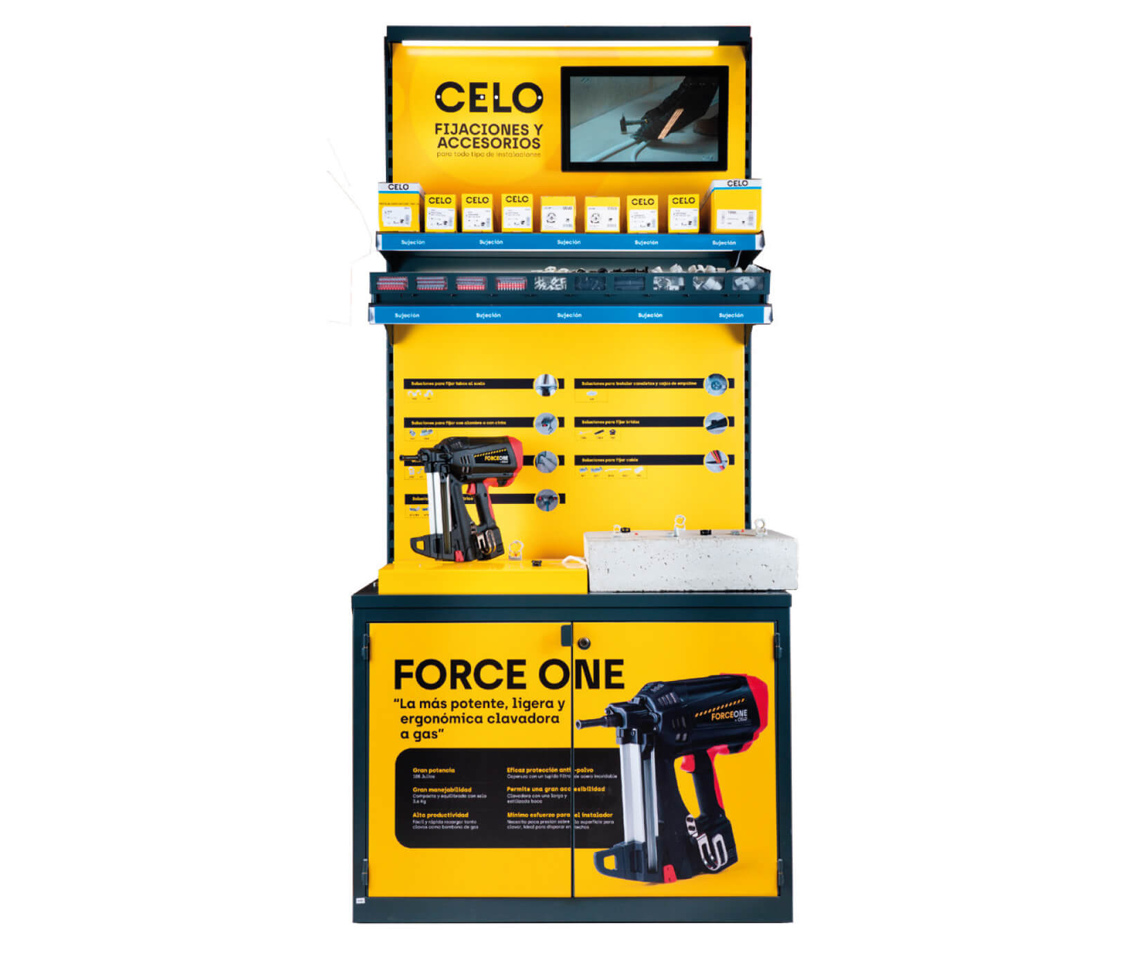 FORCE ONE: Expositor para distribución de CELO con clavos y accesorios para la pistola de clavos FORCE ONE+.