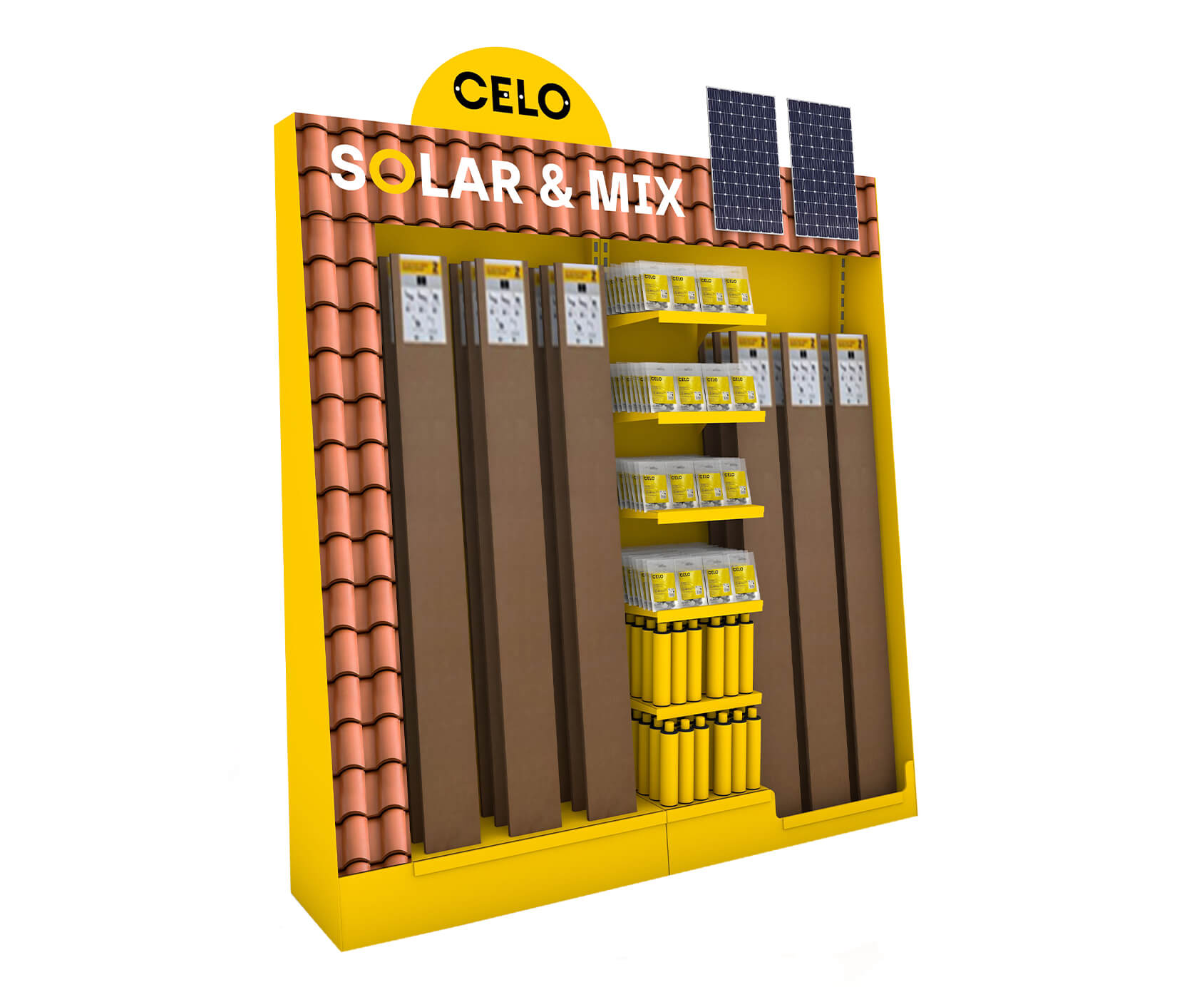 Solar Kits Clipado: Expositor para distribución de CELO con kits de sistema clipado para la instalación de paneles solares