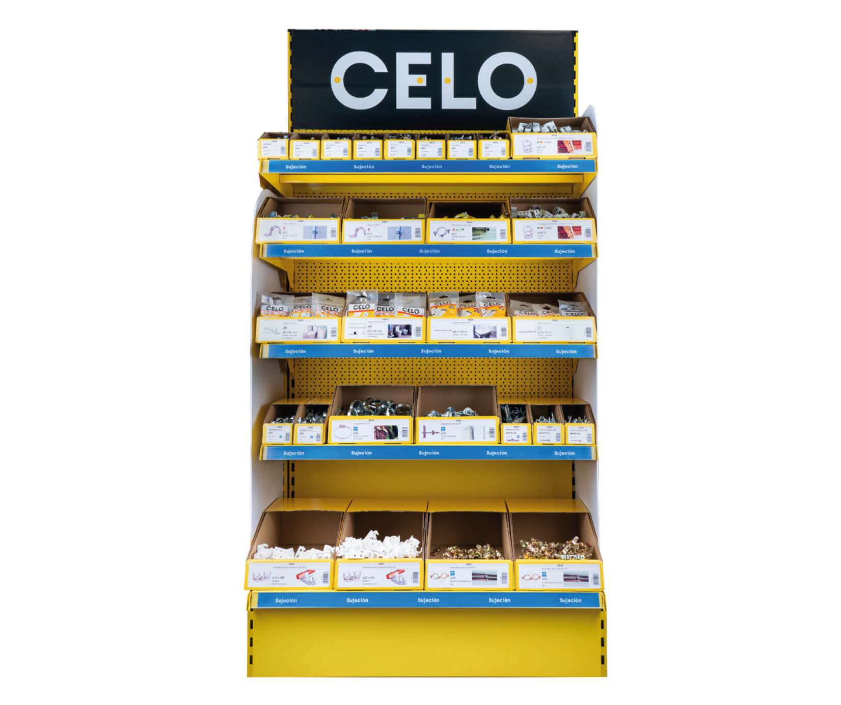 Venta Unitaria: Expositor para distribución de CELO con productos de fijación y sujeción